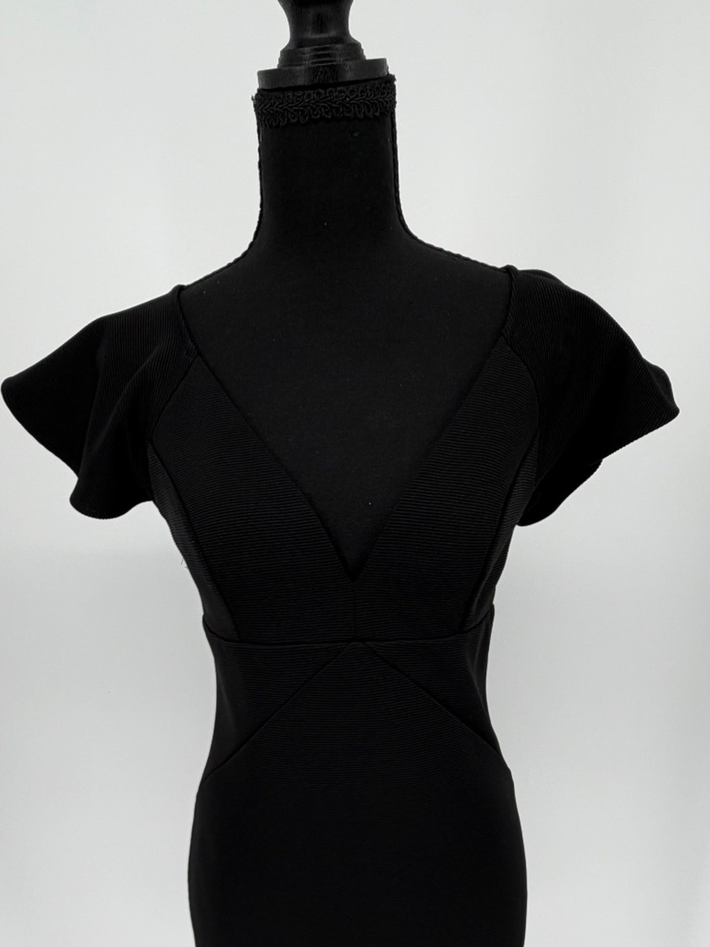 GUESS Black Ribbed Knit Bodycon Dress | Flutter Sleeve V-Neck Small - Picture 2 of 11